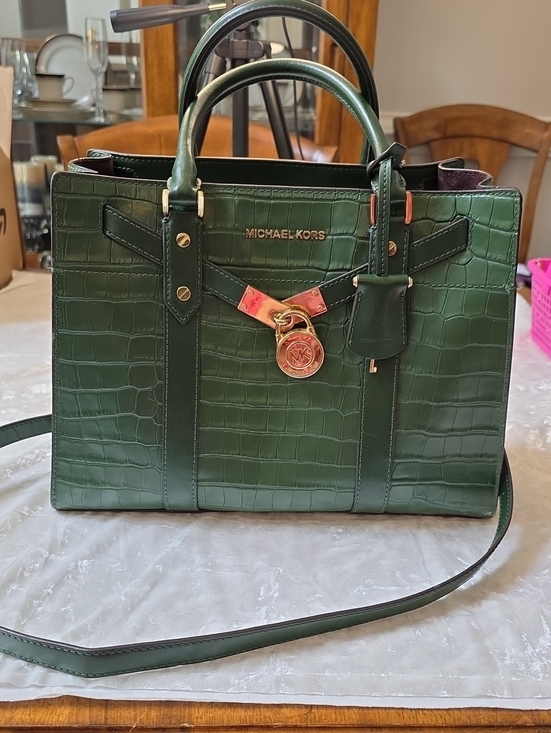 Michael Kors Handbags - Michael Kors Nouveau Hamilton Dark Green Croc-Embossed Leather Satchel